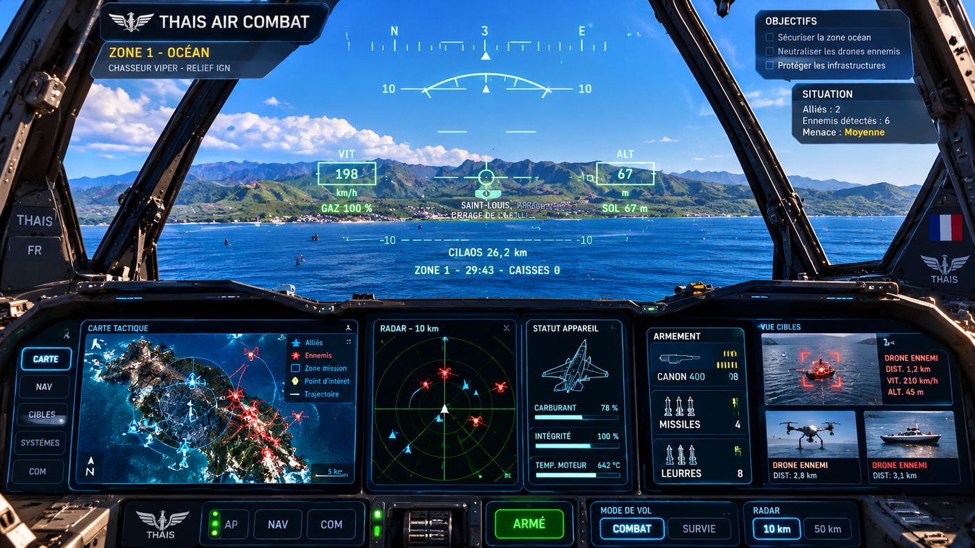 Cockpit d'un chasseur THAIS face à la côte de Saint-Louis, avec ses écrans de carte, de radar et d'armement
