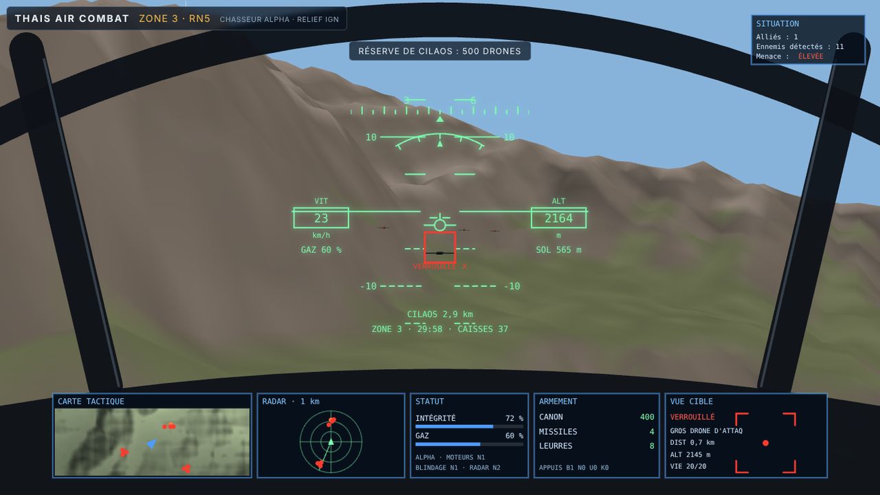 Vue cockpit avec un gros drone verrouillé et la planche de bord à cinq écrans